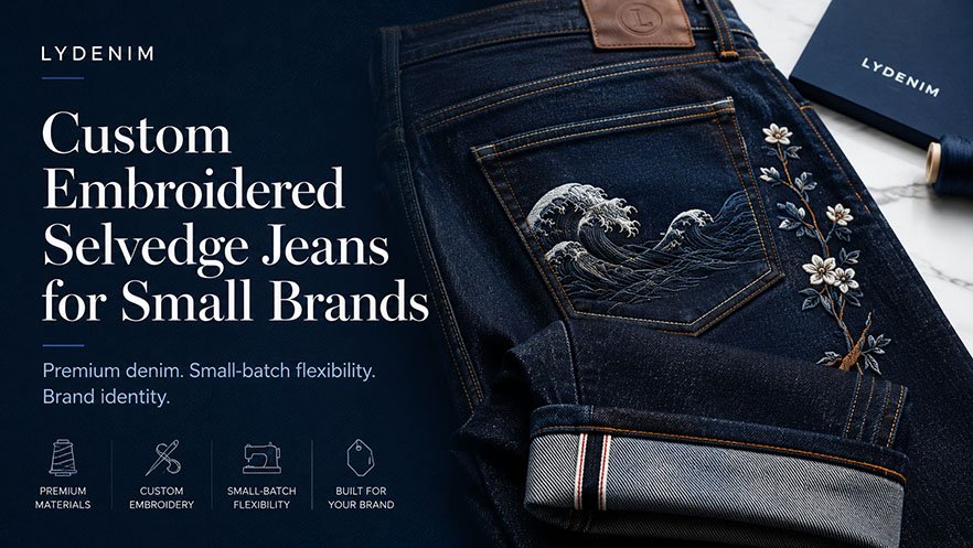 Custom denim jeans supplier selection with fabric samples trims and production discussion