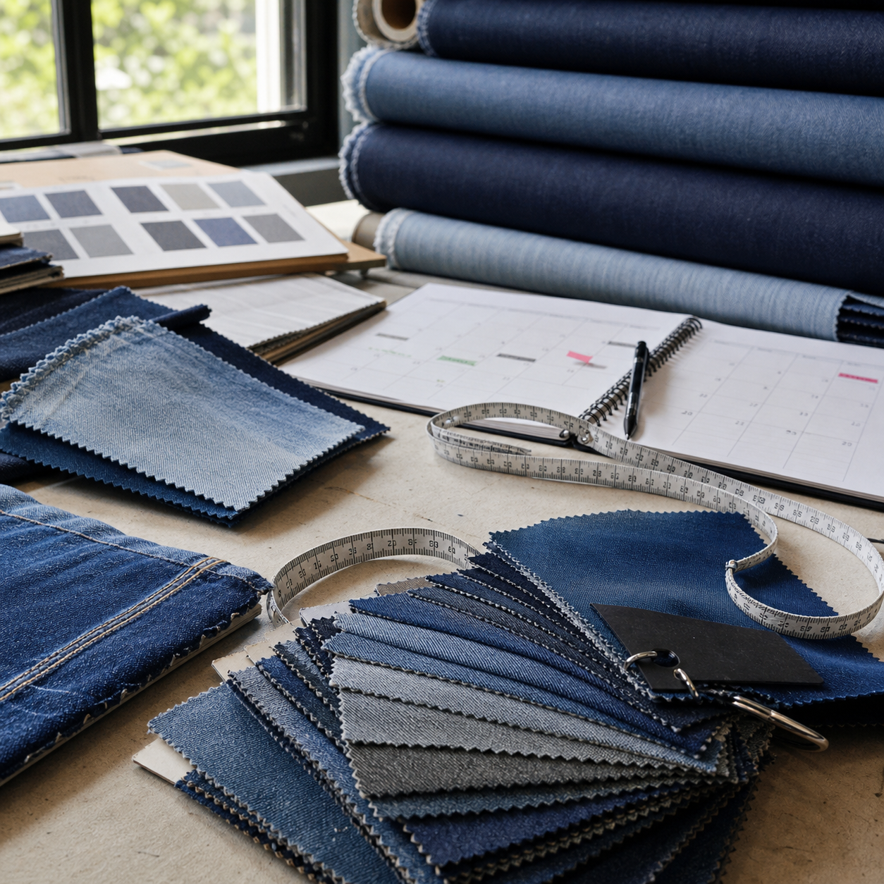 Denim fabric rolls and swatch planning calendar for supplier evaluation