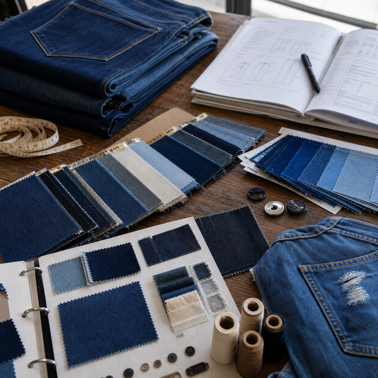 Denim swatch book with jeans and garment specification notes