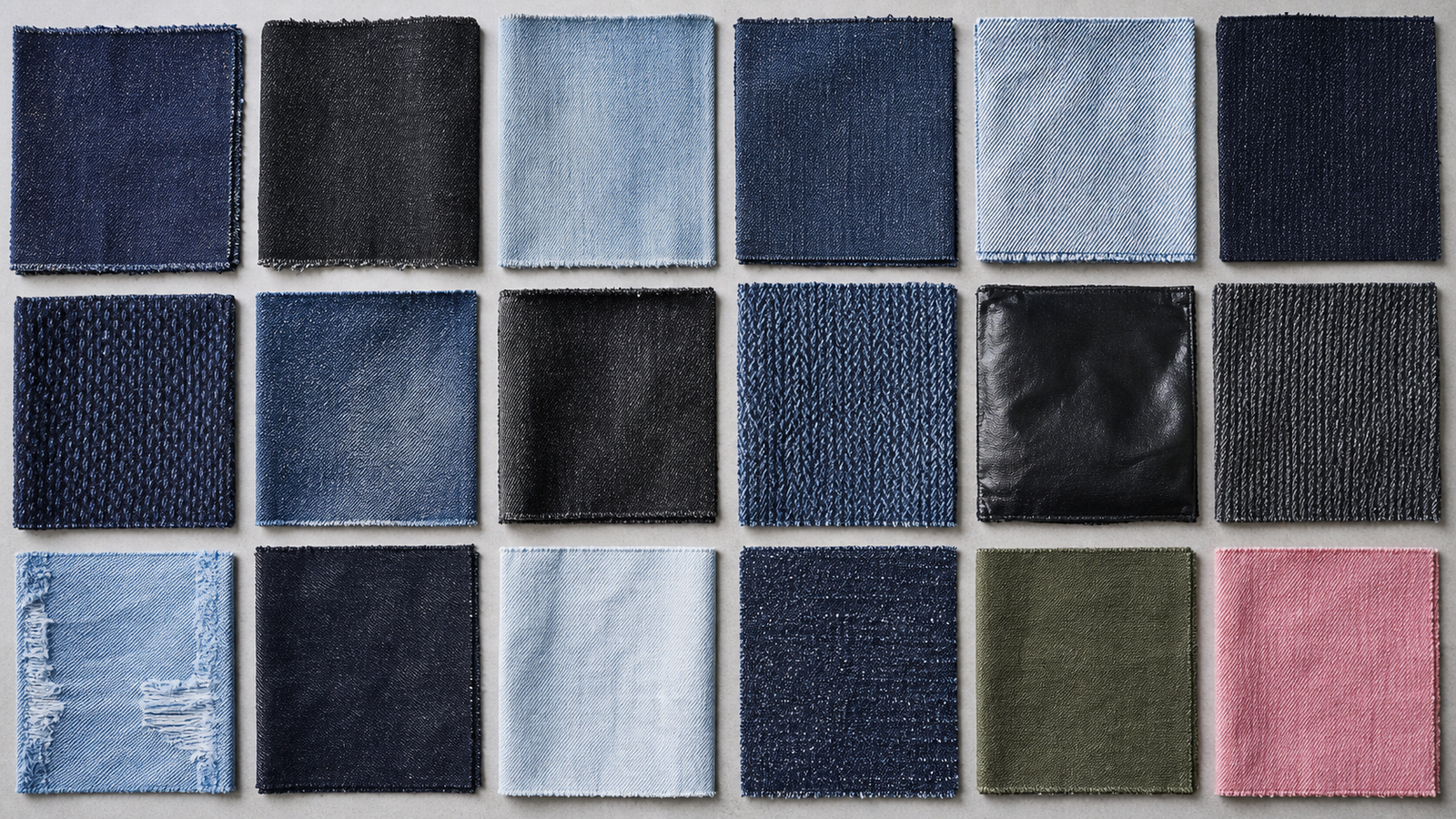 Index visual of twenty denim fabric types