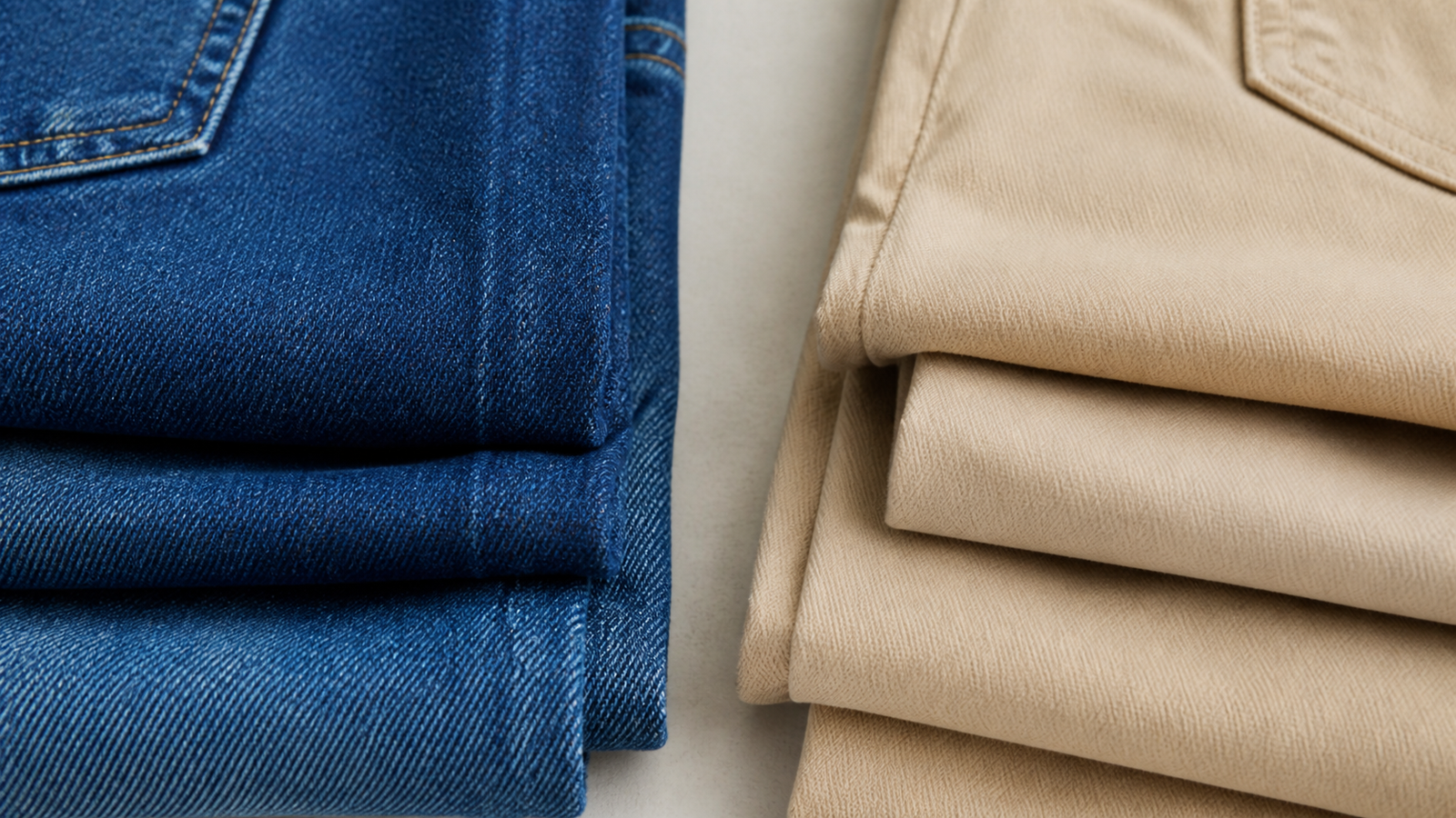 Denim jeans and cotton twill chinos fabric comparison