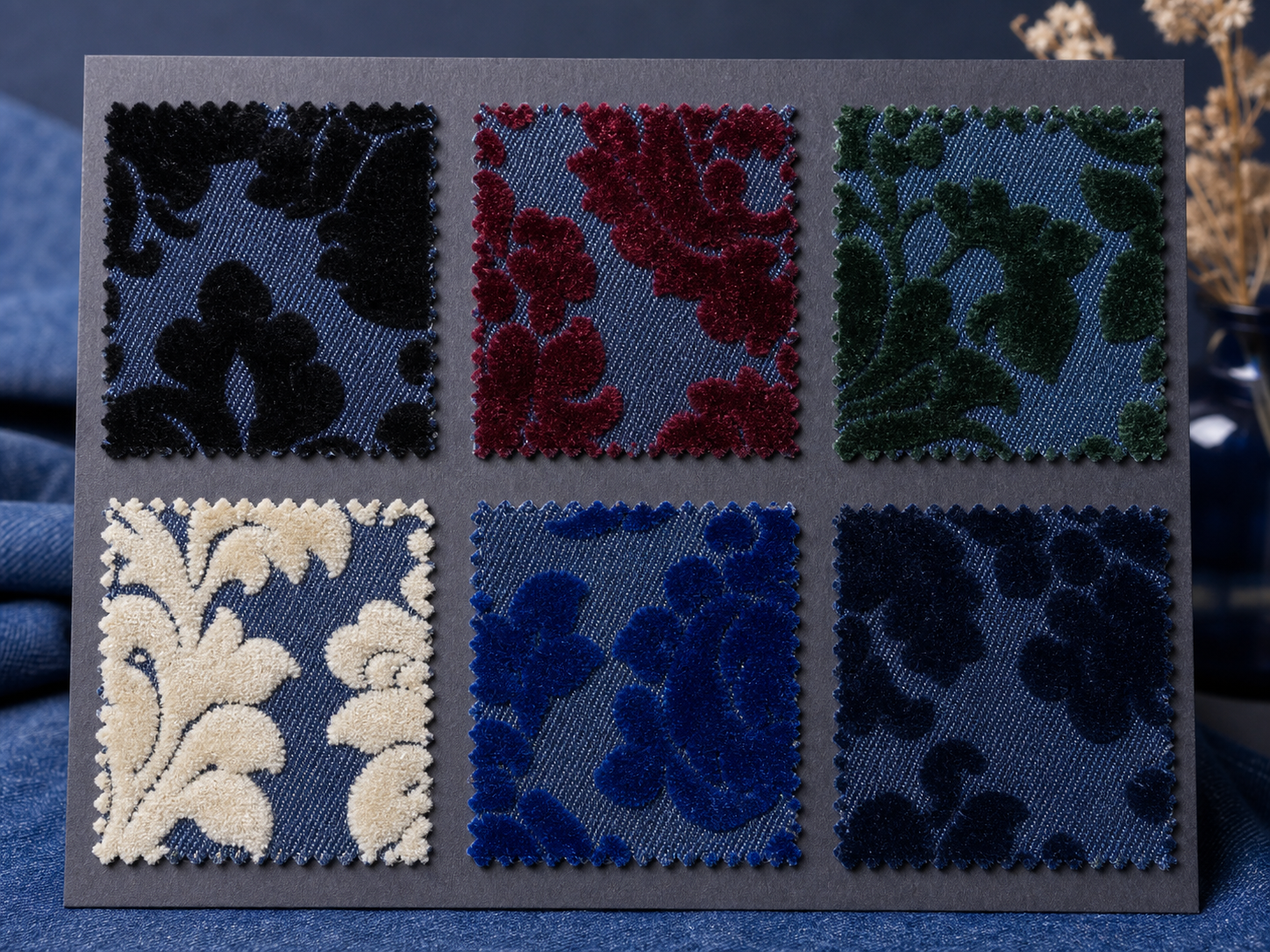Colored flocked denim color card with indigo black burgundy green ivory cobalt and tonal navy swatches