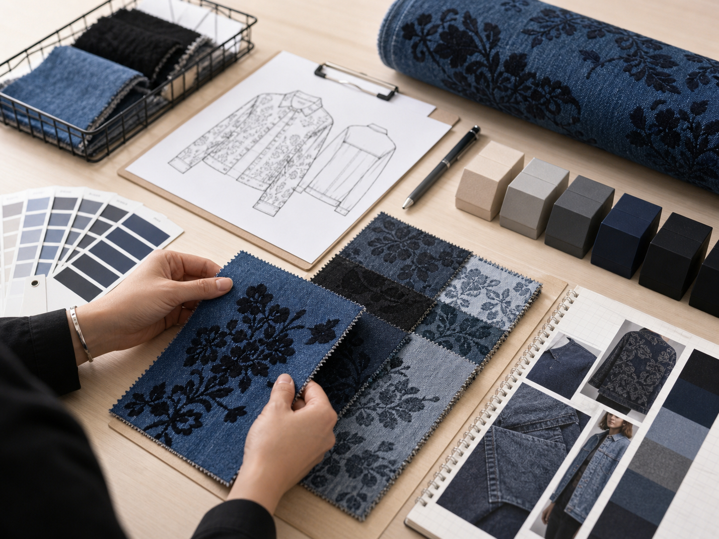 Small batch flocked denim order brief with swatches color cards sketch and sample yardage