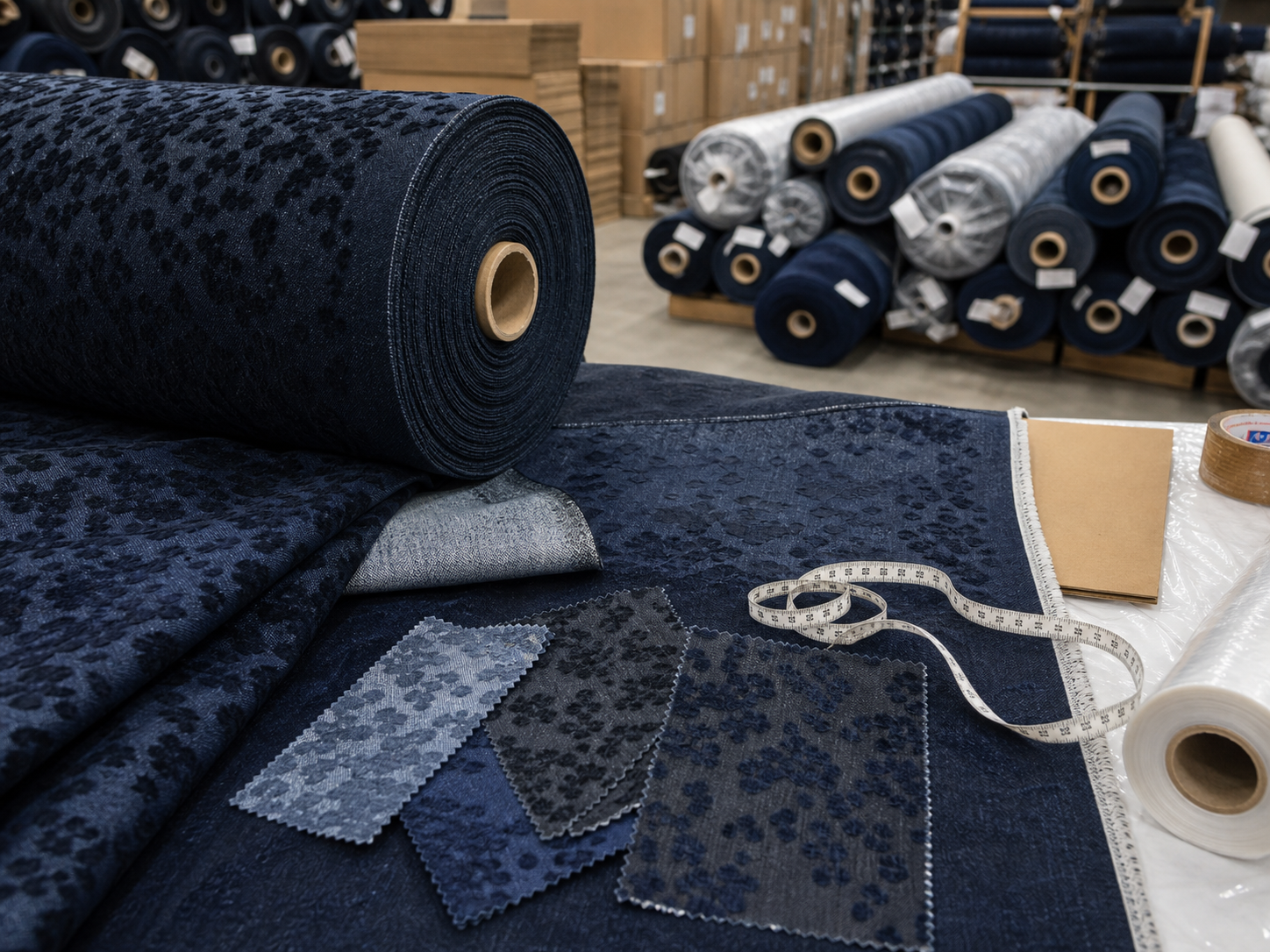 Wholesale flocked denim bulk rolls with swatches inspection table and measuring tape