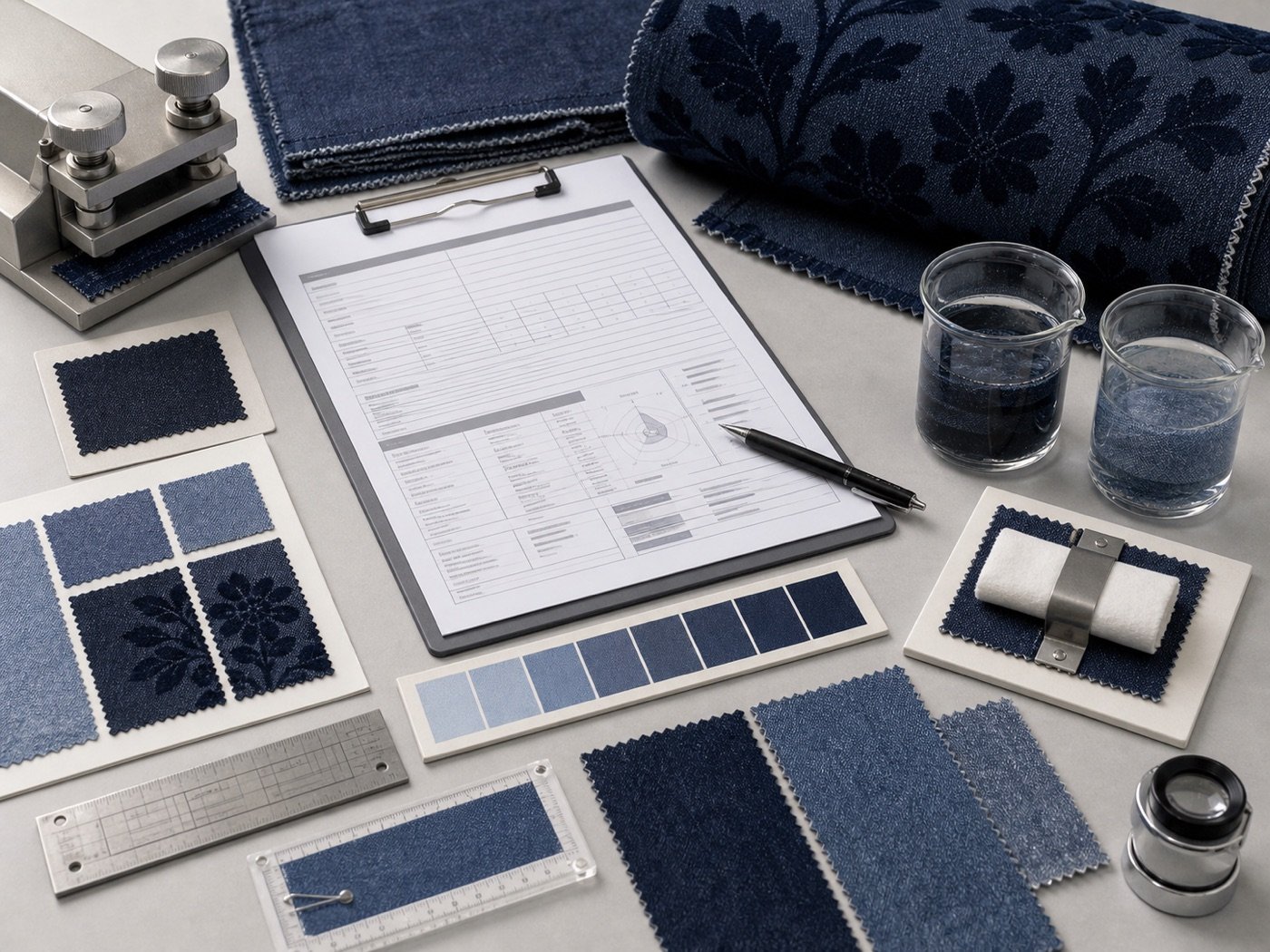 Denim finishing test report checklist with shade shrinkage rubbing and wash durability samples