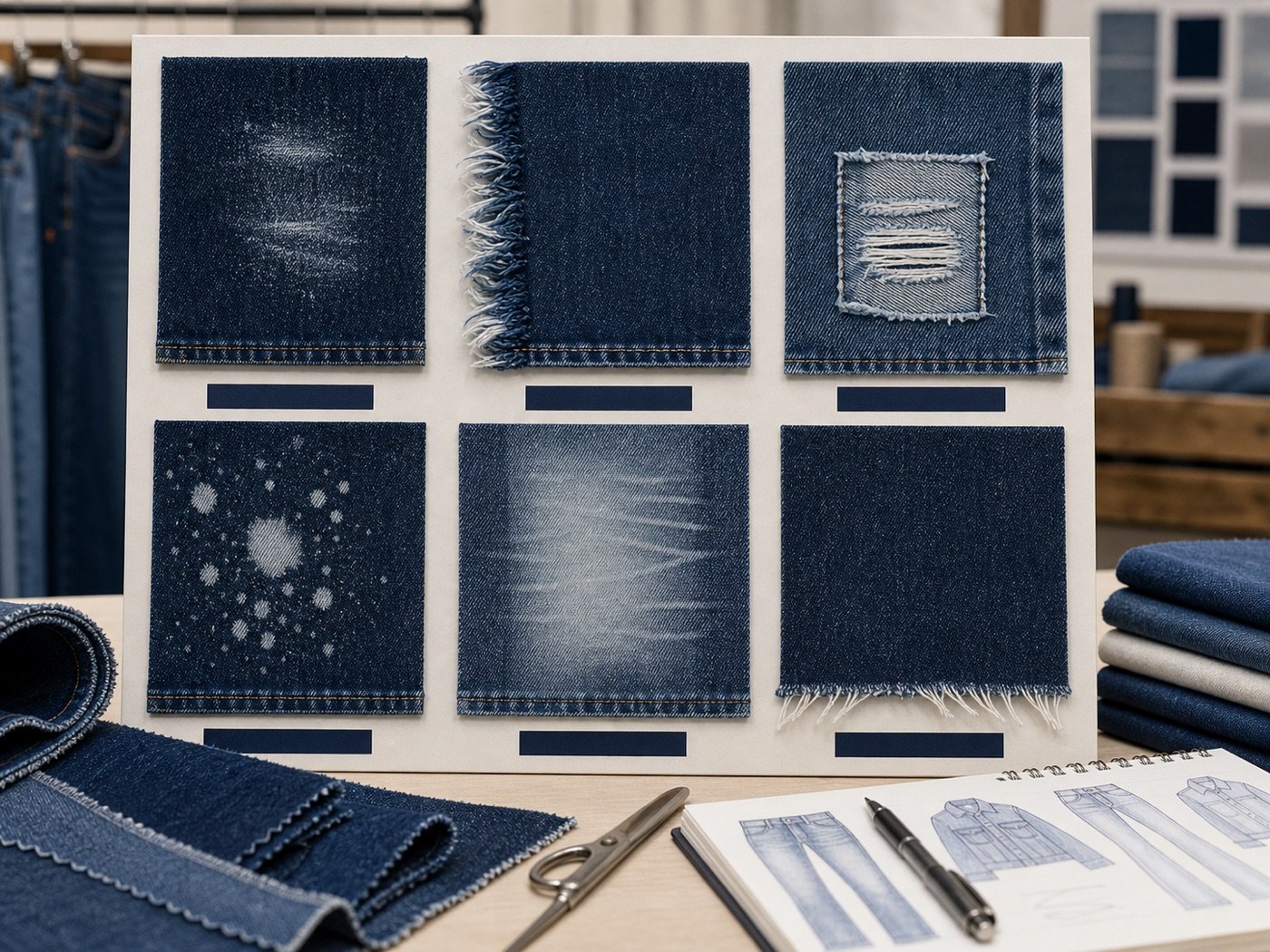 Distressed denim effect selection board with abrasion fray bleach burnout and raw hem swatches