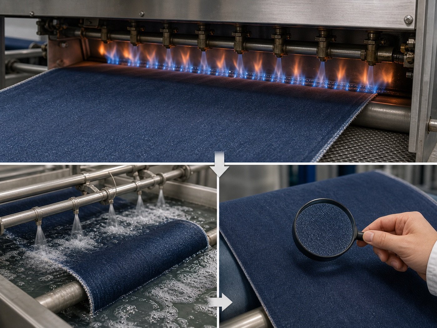 Fabric singeing and bio-polishing process with flame treatment enzyme finishing and inspection
