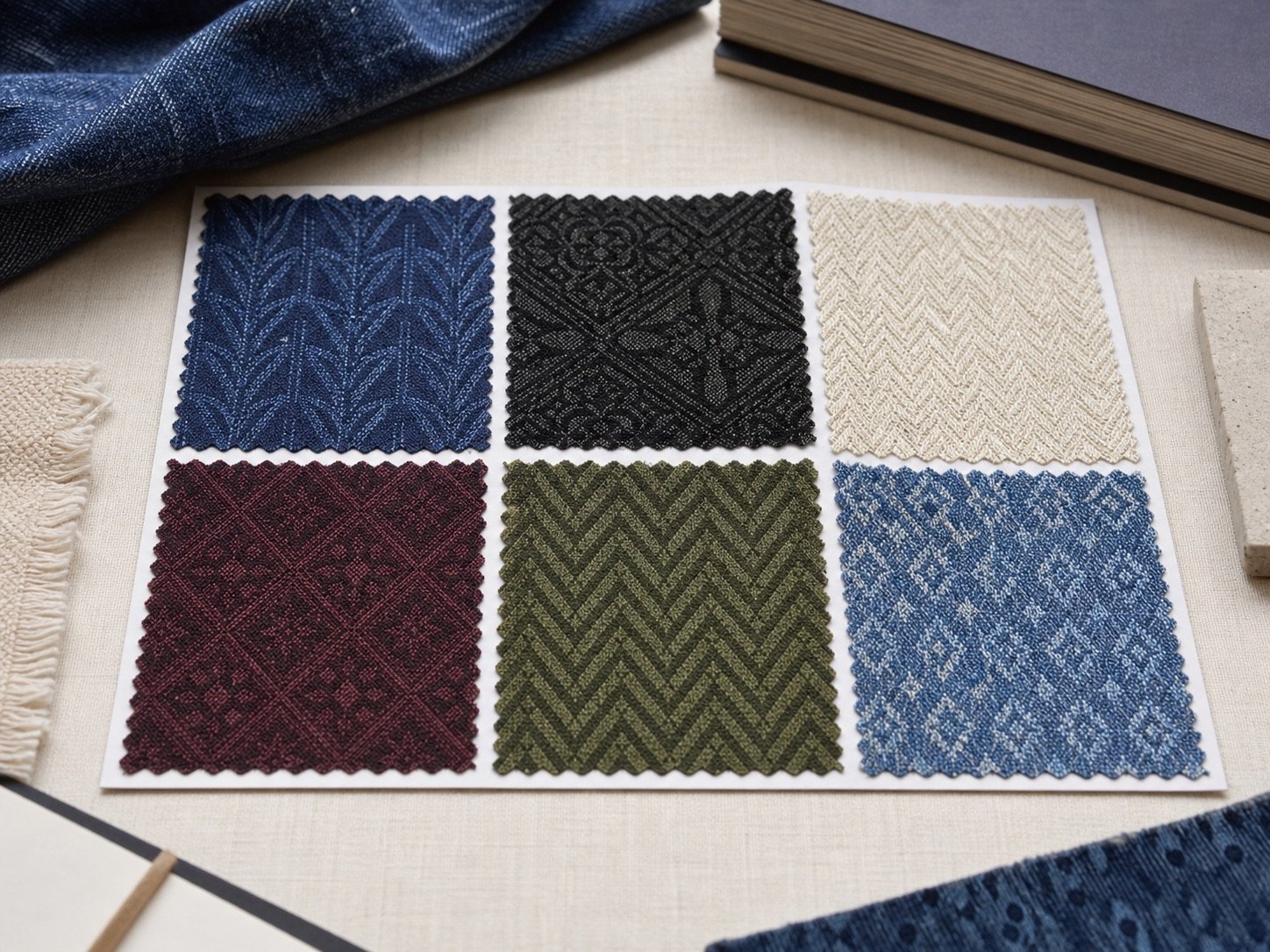 Colored jacquard denim color card with indigo black ivory burgundy and tonal yarn patterns