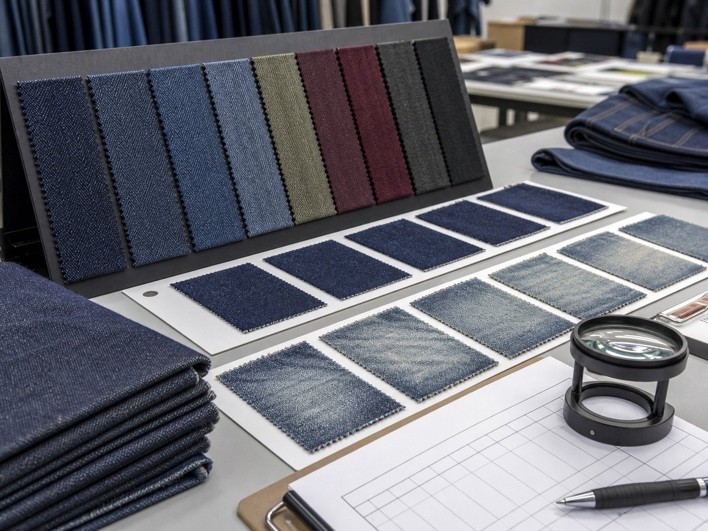 Colored jacquard denim shade band wash test and bulk quality control samples