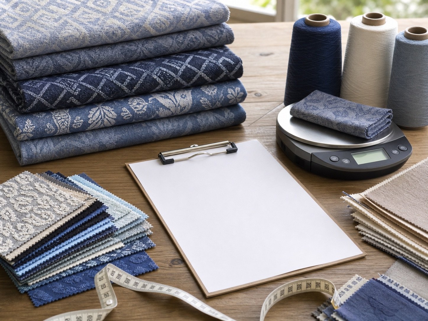 Cotton jacquard fabric sourcing checklist with swatches pattern repeat GSM and MOQ notes