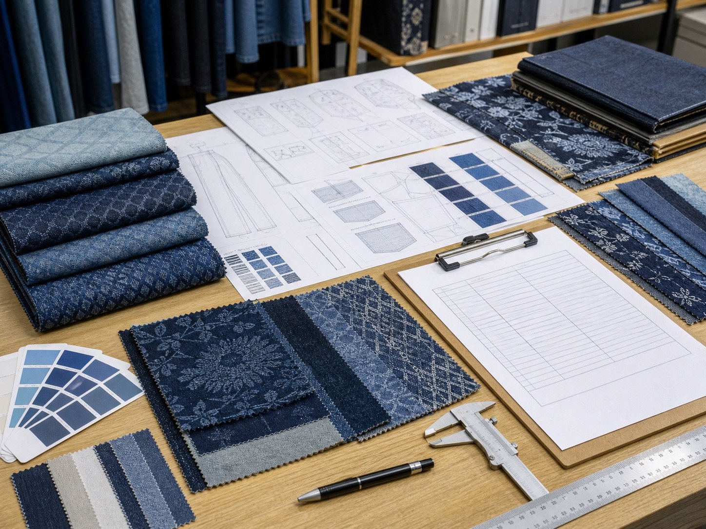 Jacquard denim supplier evaluation desk with swatches artwork ruler and QC checklist