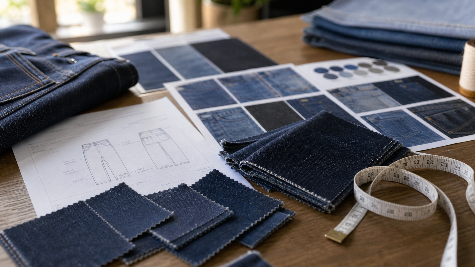 Denim sourcing specification table with swatches and measuring tools