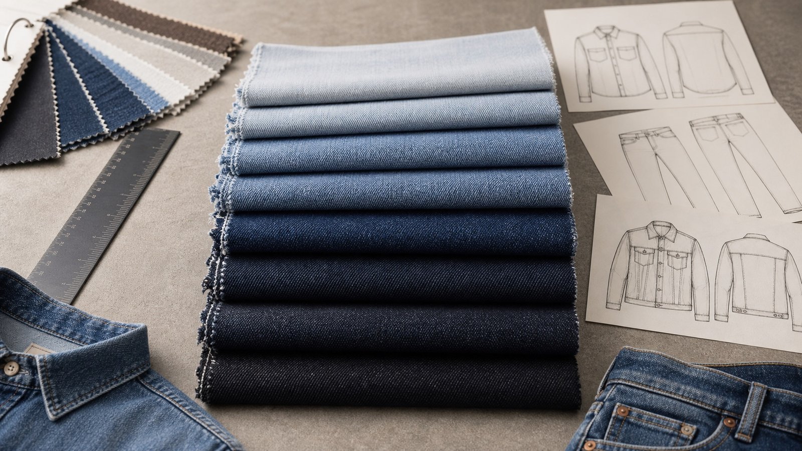 Lightweight midweight and heavyweight denim fabric stack