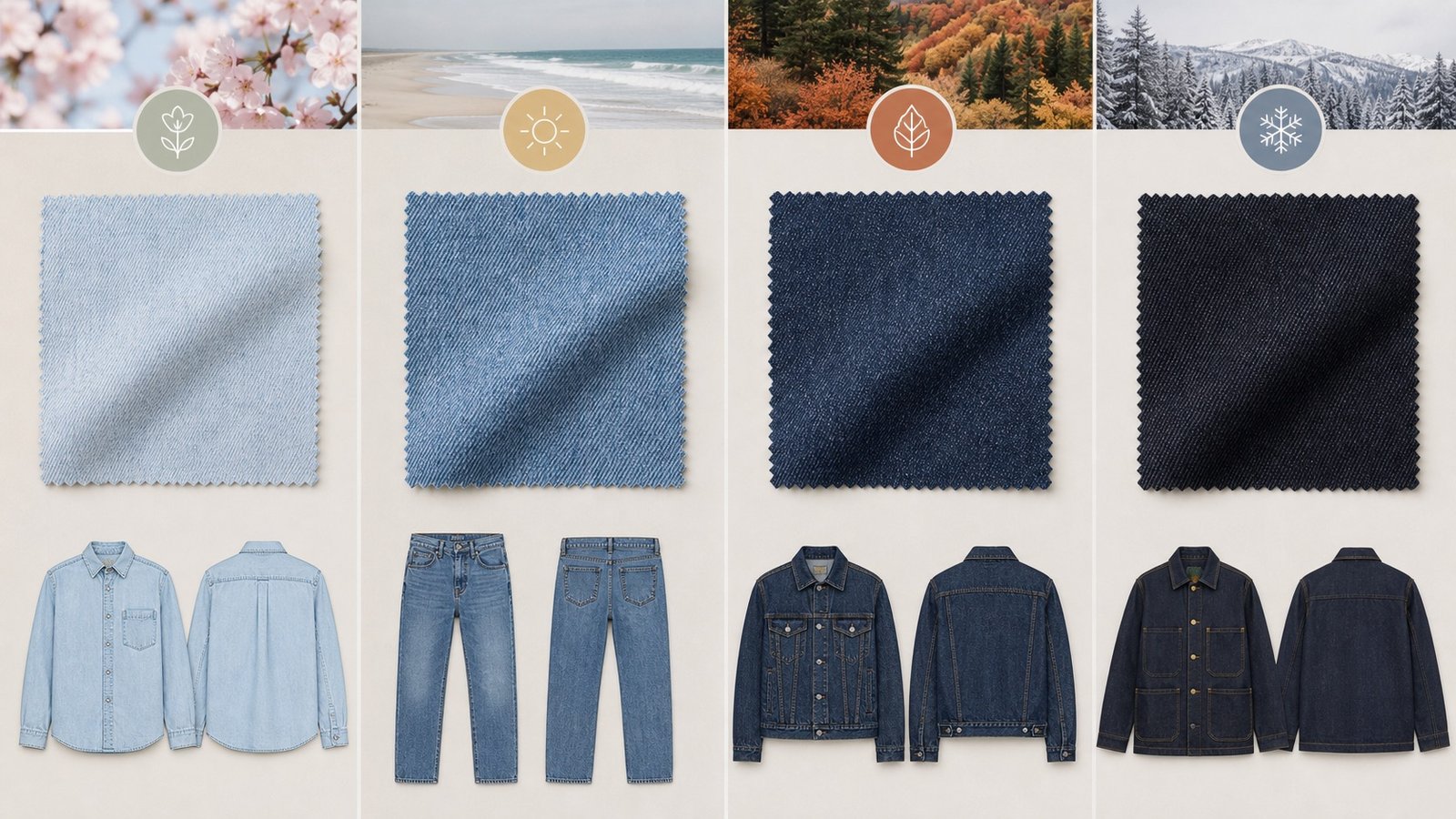 Seasonal denim fabric weight matrix by garment type and oz GSM