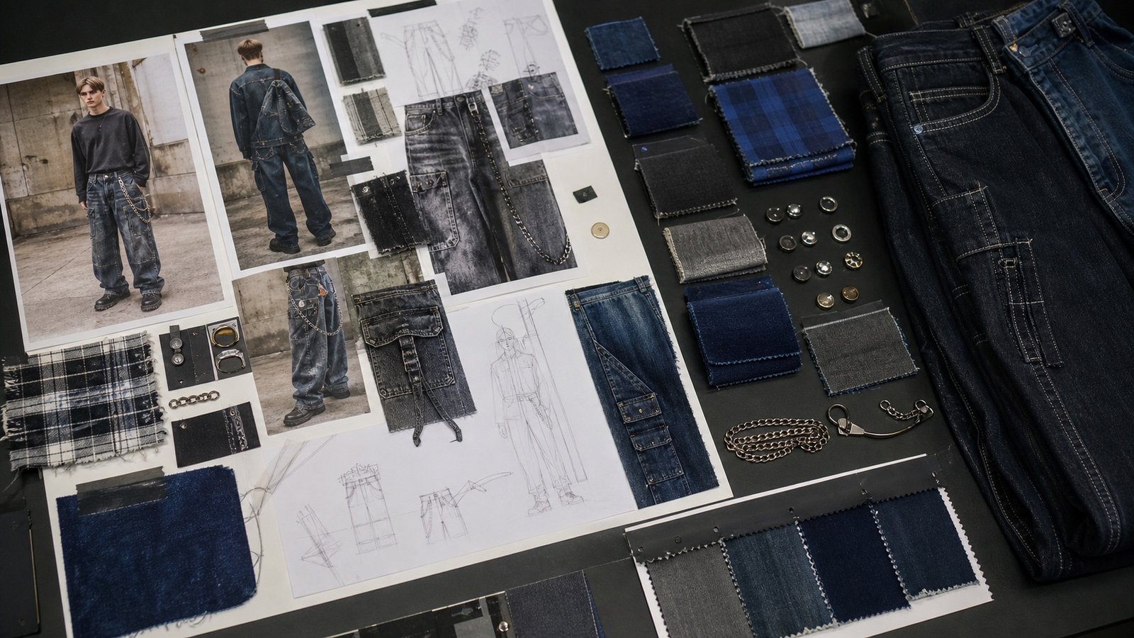 SS26 men's streetwear denim trend board with punk wash plaid and utility jeans