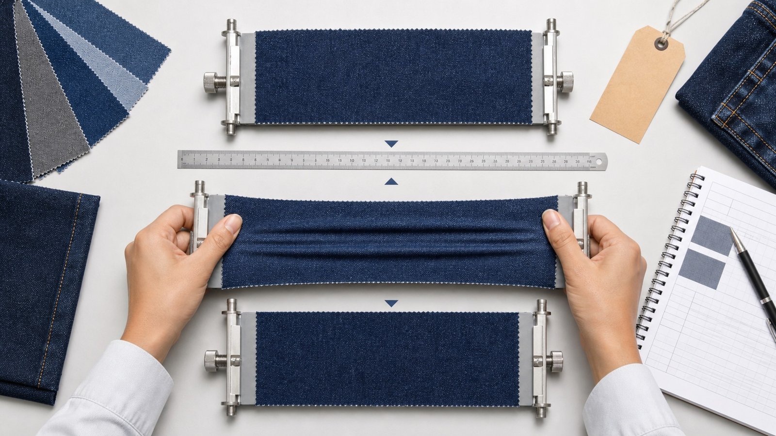 Stretch denim recovery test showing fabric extension and return measurement