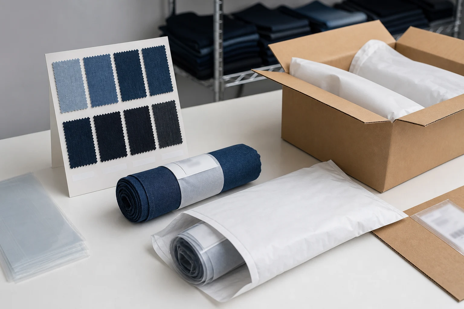Denim swatch and sample yardage packed for courier and freight handoff