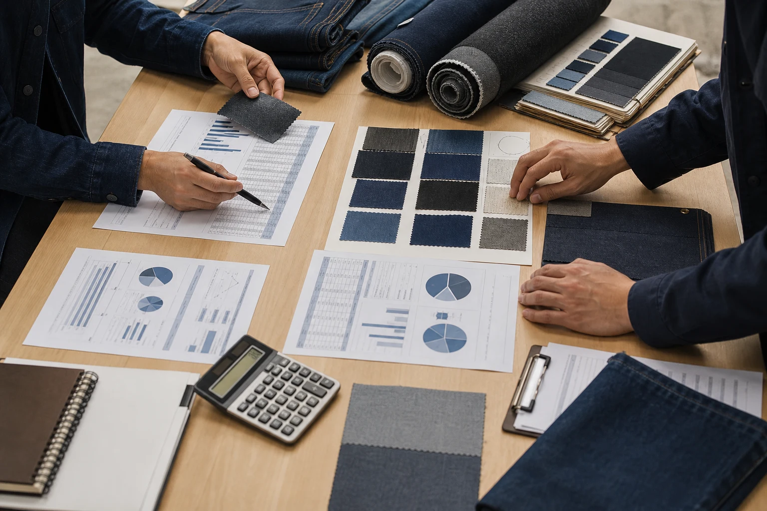 MOQ decision and denim procurement planning desk