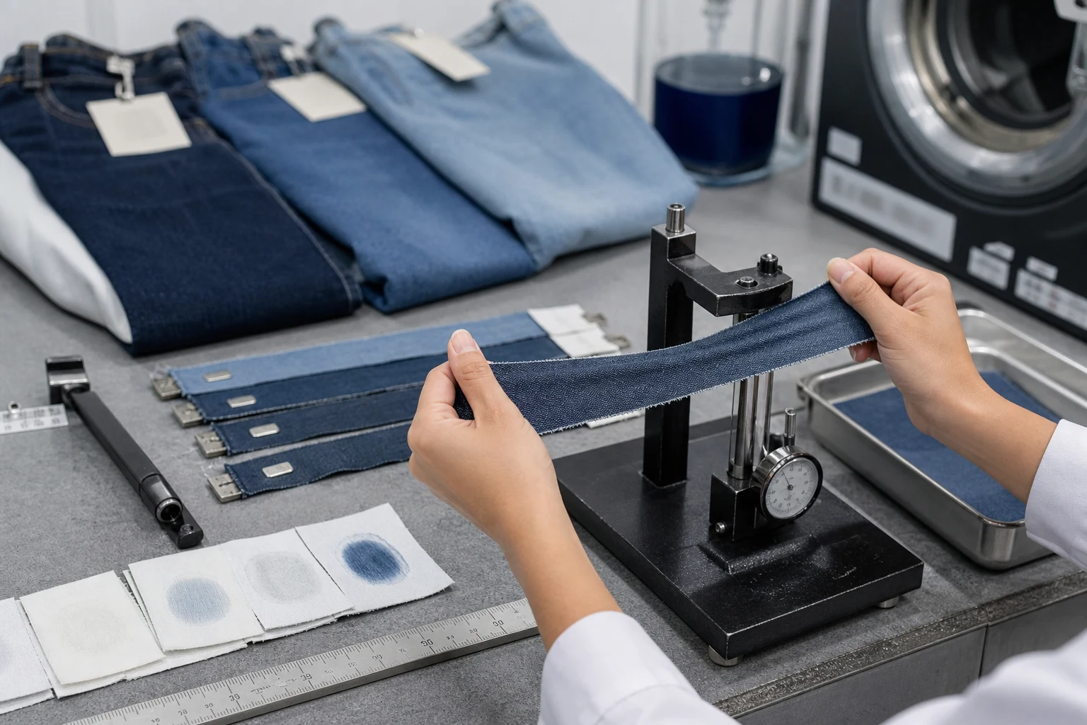 Denim sample testing bench for shrinkage recovery and colorfastness checks