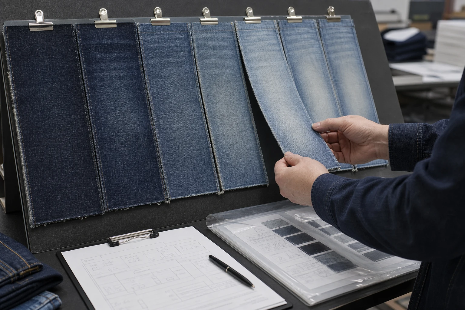 Washed denim sample panels and approval record setup before bulk confirmation