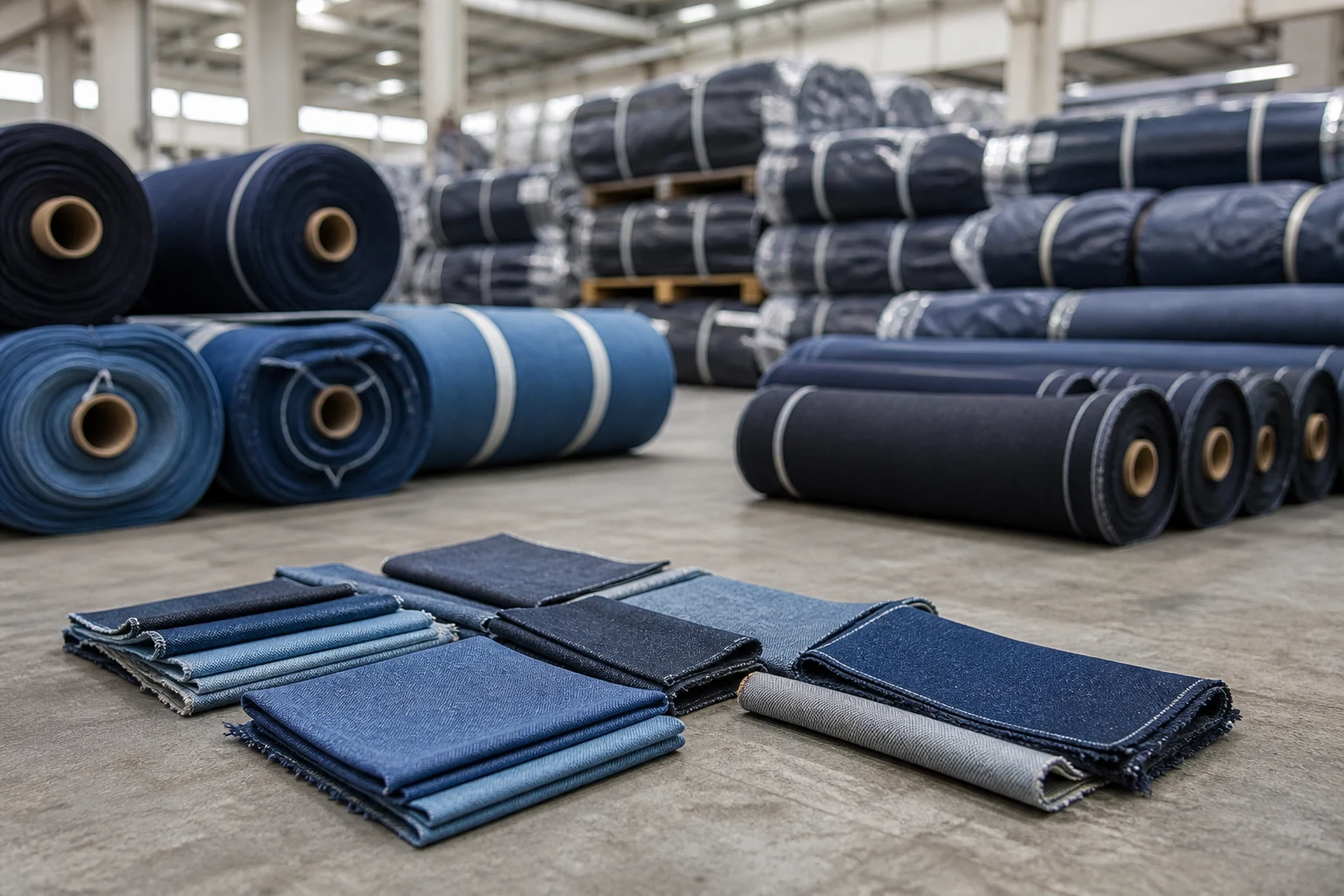 Denim sample yardage transitioning to bulk production rolls
