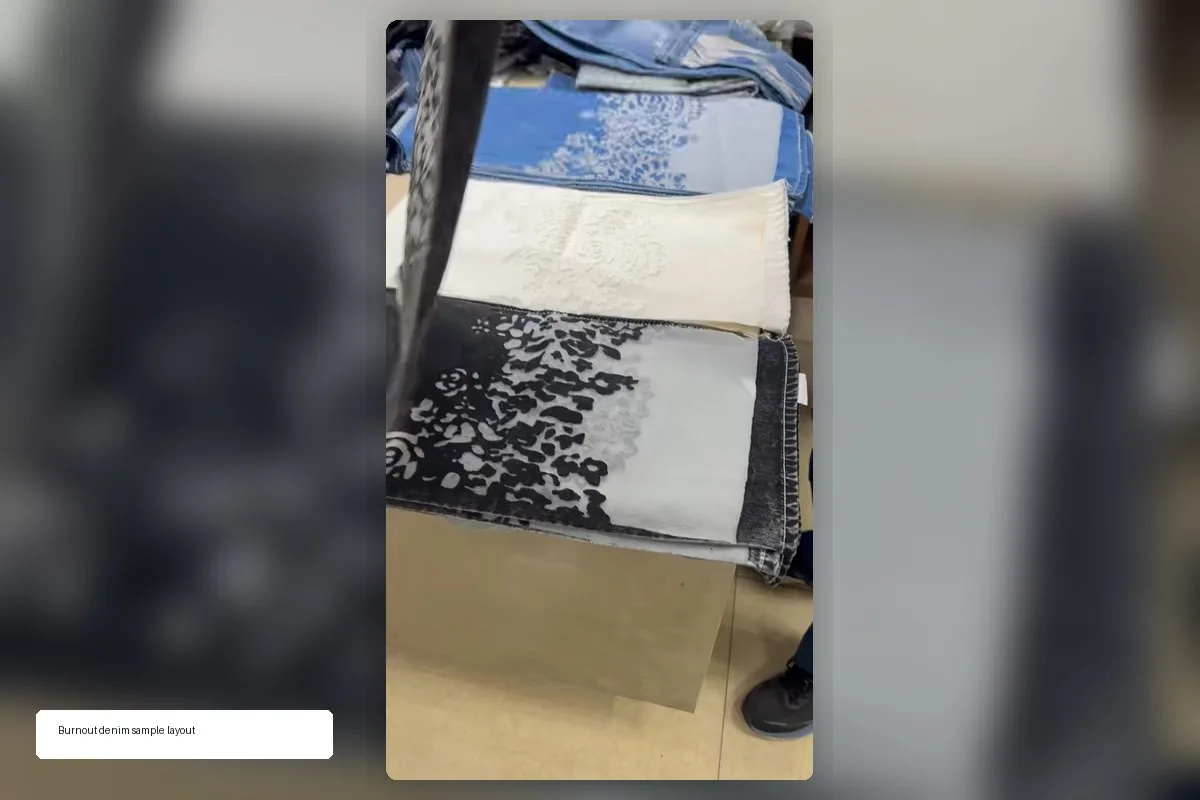 burnout denim fabric sample layout with pattern contrast for buyer review