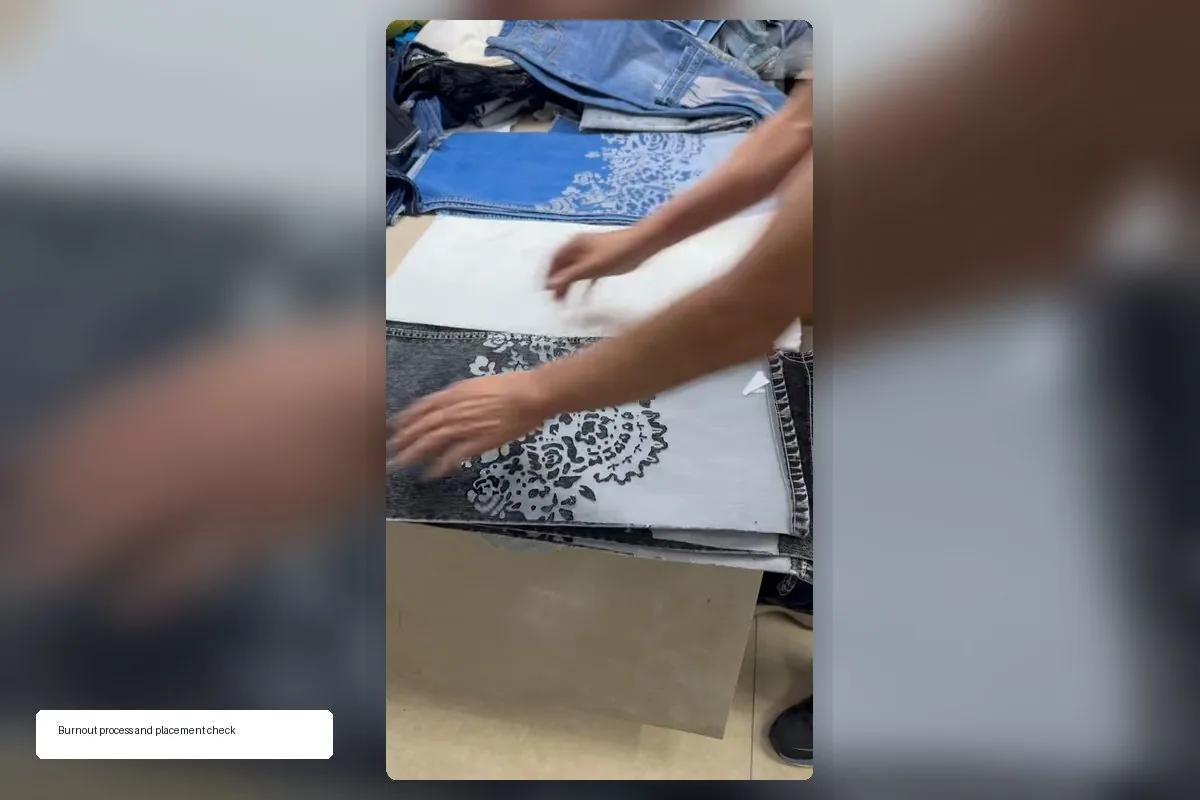 burnout fabric process sample review on denim garment panel