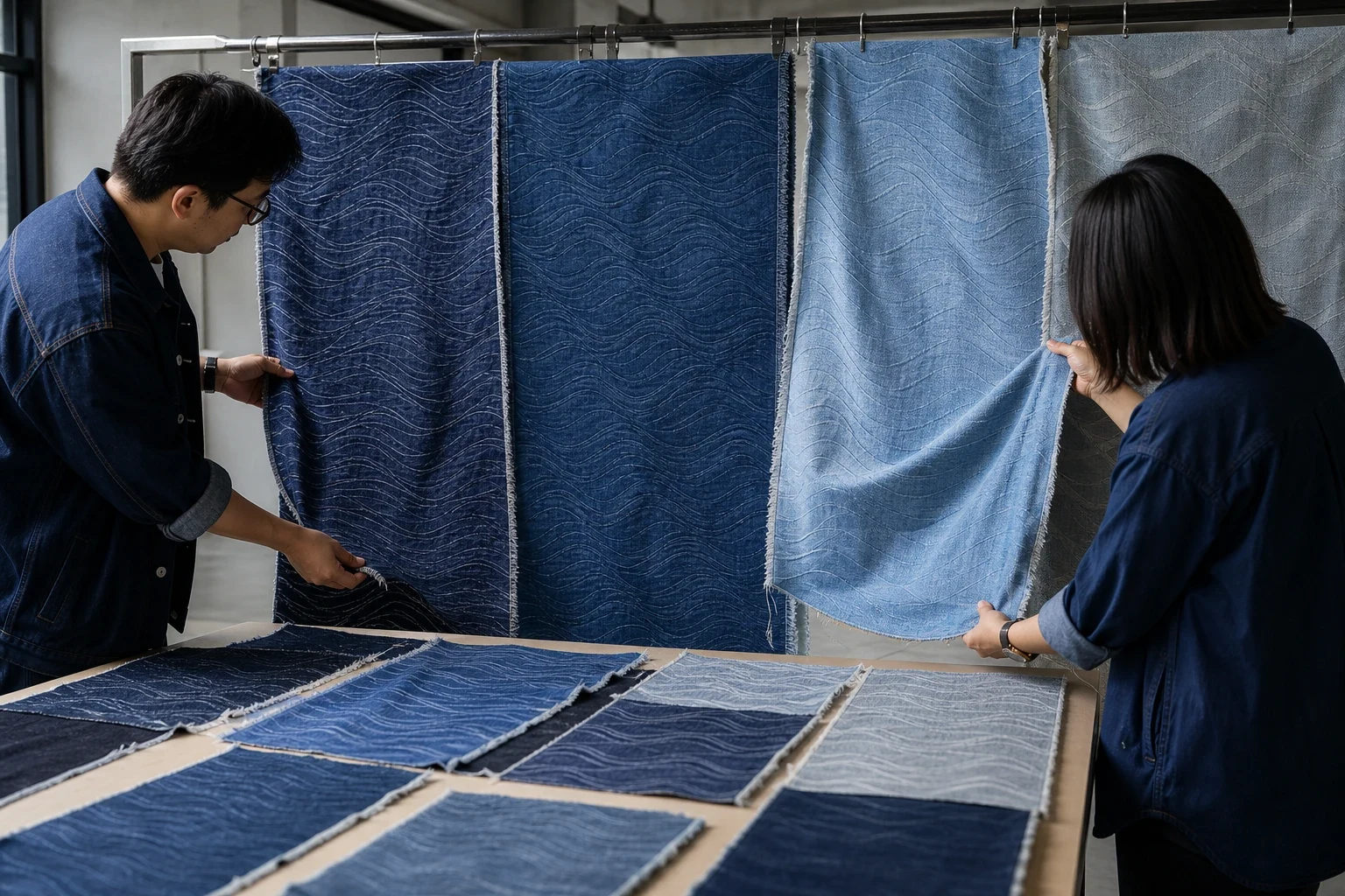 Wave Jacquard Denim Fabric: How to Source Flowing Texture for Apparel How Weight, Drape, Stretch, and Wash Change the Effect body image