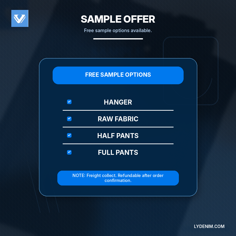Free denim fabric sample offer options including hanger raw fabric half pants and full pants