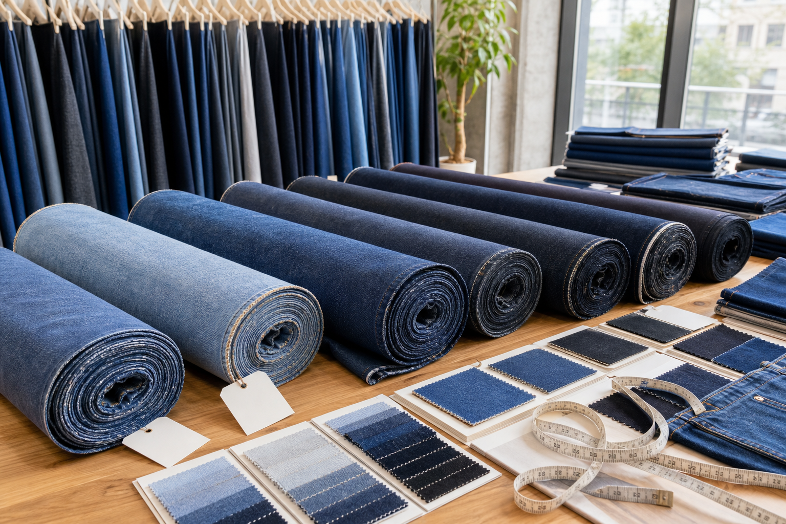 Denim sourcing preview with layered blue fabric swatches.