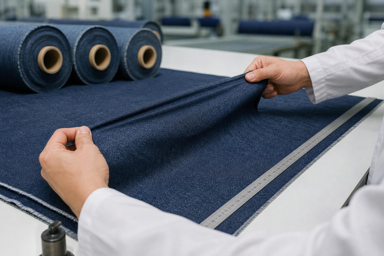 Denim fabric quality control measuring width and stretch recovery before bulk order