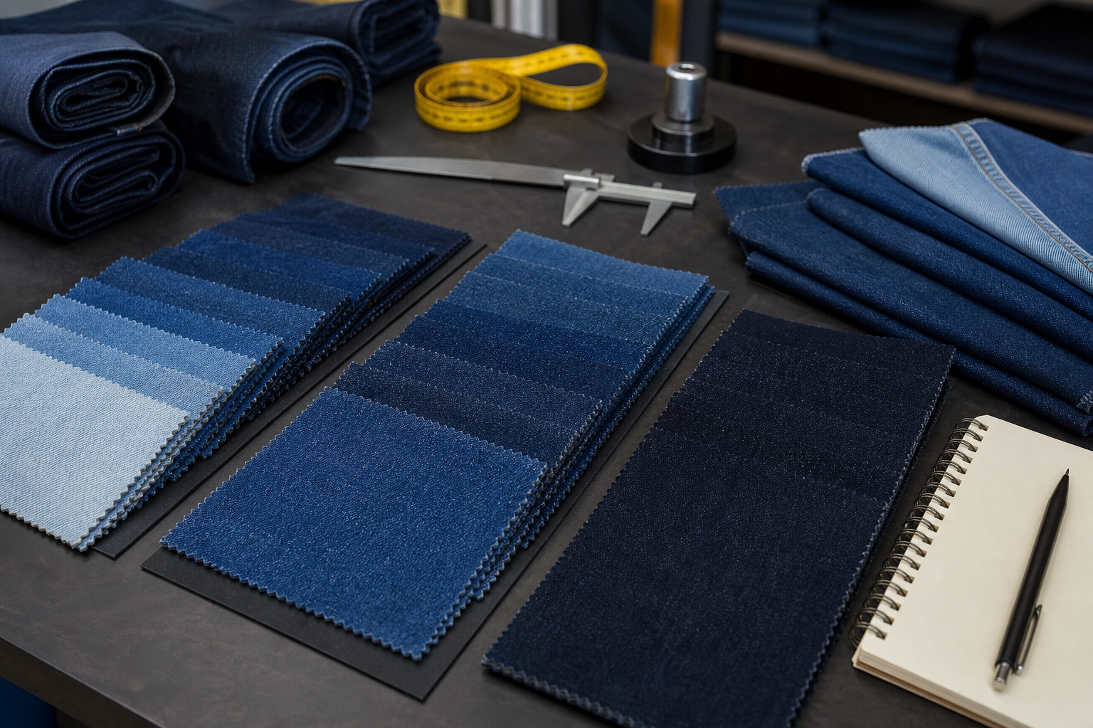 Denim swatch board showing weight, stretch and color references.