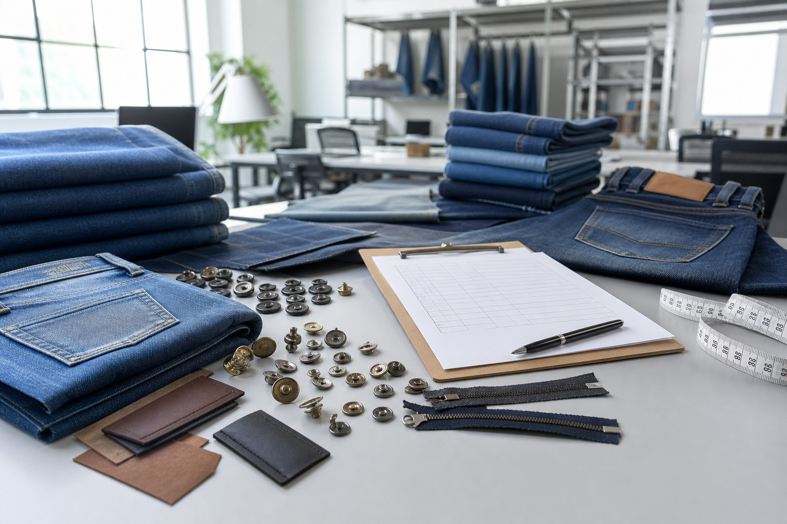 OEM ODM garment costing with denim trims buttons zippers labels and sample jeans
