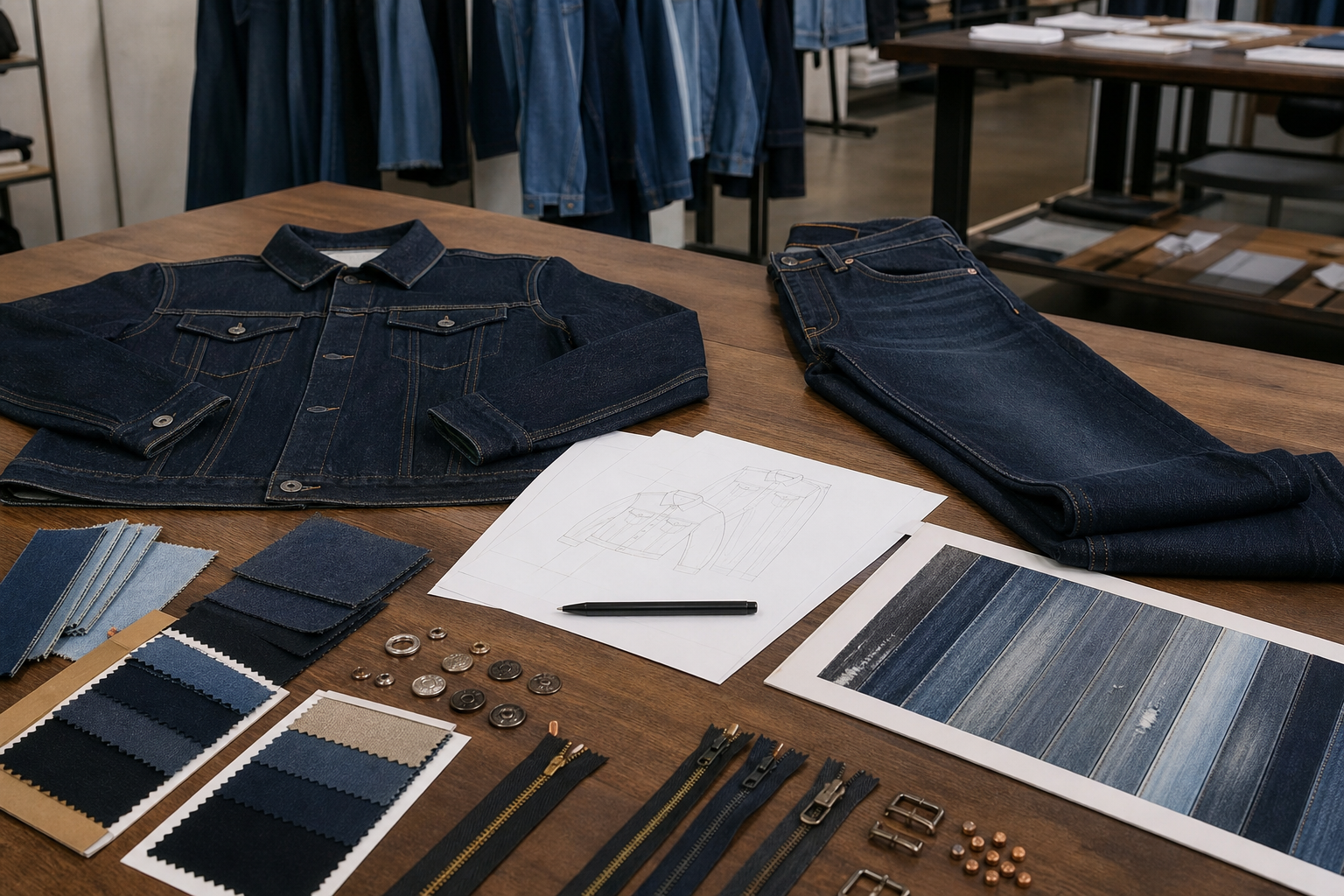 Custom denim garment requirements with sample apparel fabric swatches and trims