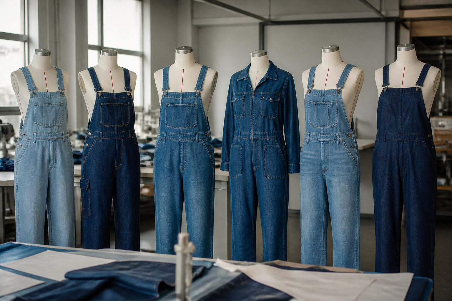 Tinjauan sampel overall dan jumpsuit denim untuk keputusan fit dan persetujuan.