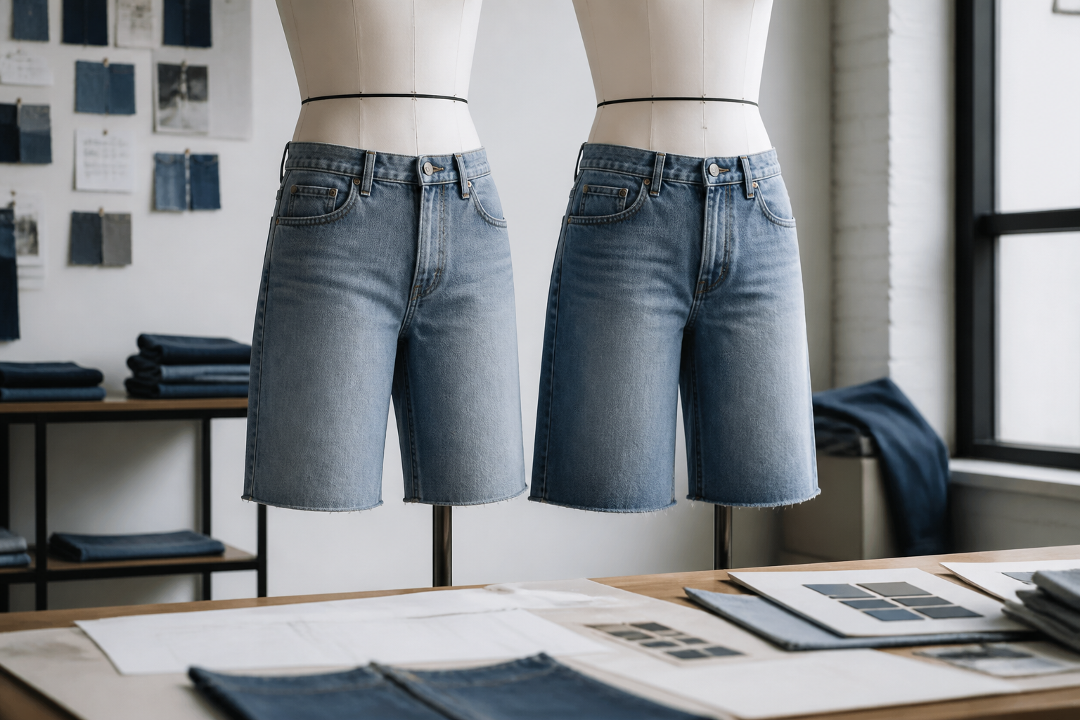 Denim jorts fit samples on dress forms
