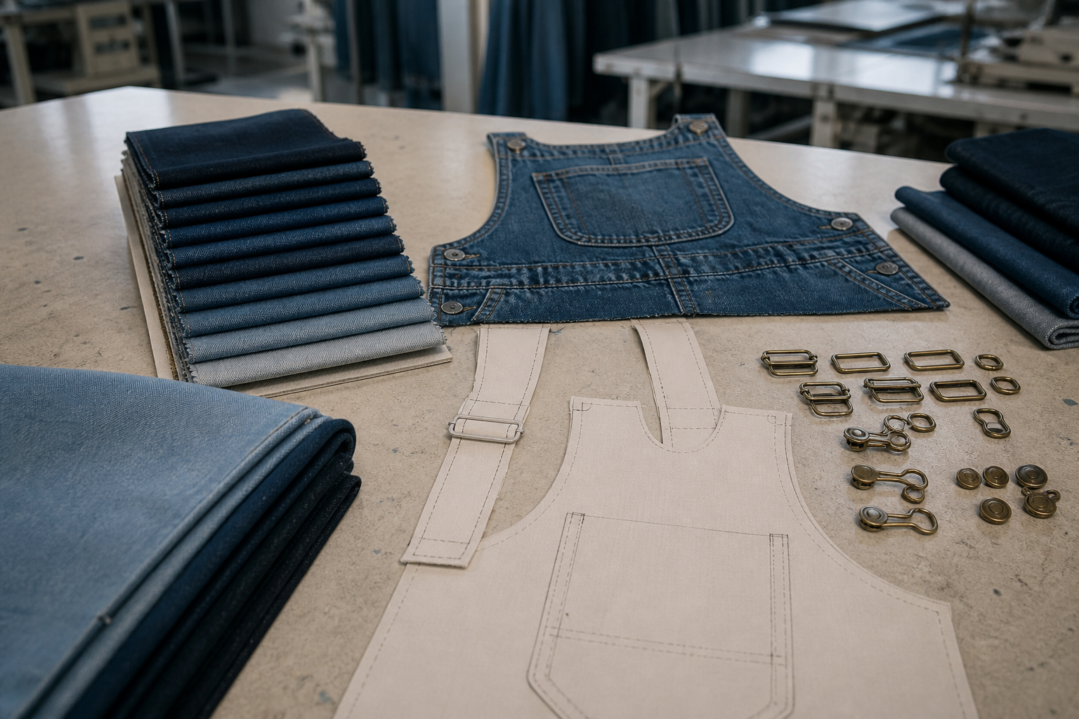 Tinjauan material dan spesifikasi overall dan jumpsuit denim untuk brief pembeli.