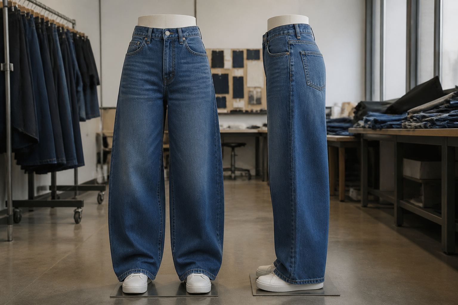 Barrel jeans sample review scene for fit and approval decisions.