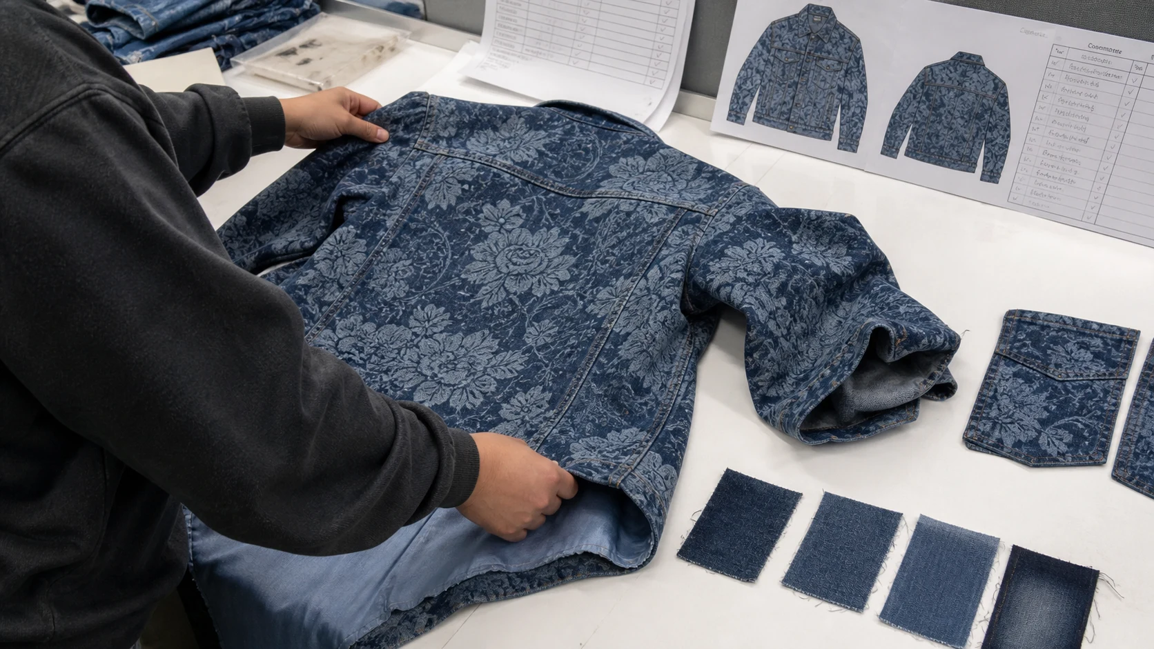 Jacquard denim jacket prototype quality control for seams, lining and motif