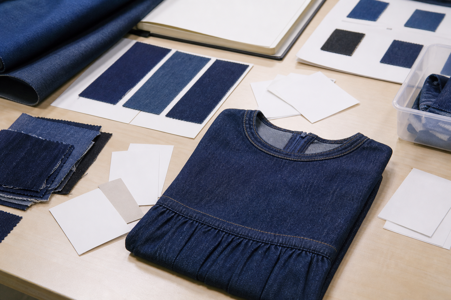 Custom denim dress buyer approval and RFQ handoff preparation scene.
