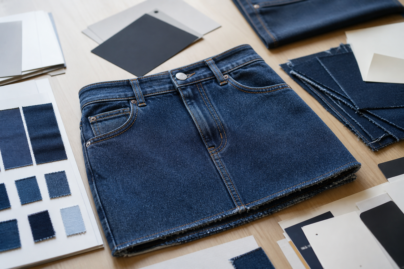 Custom denim skirt buyer approval and RFQ handoff preparation scene.