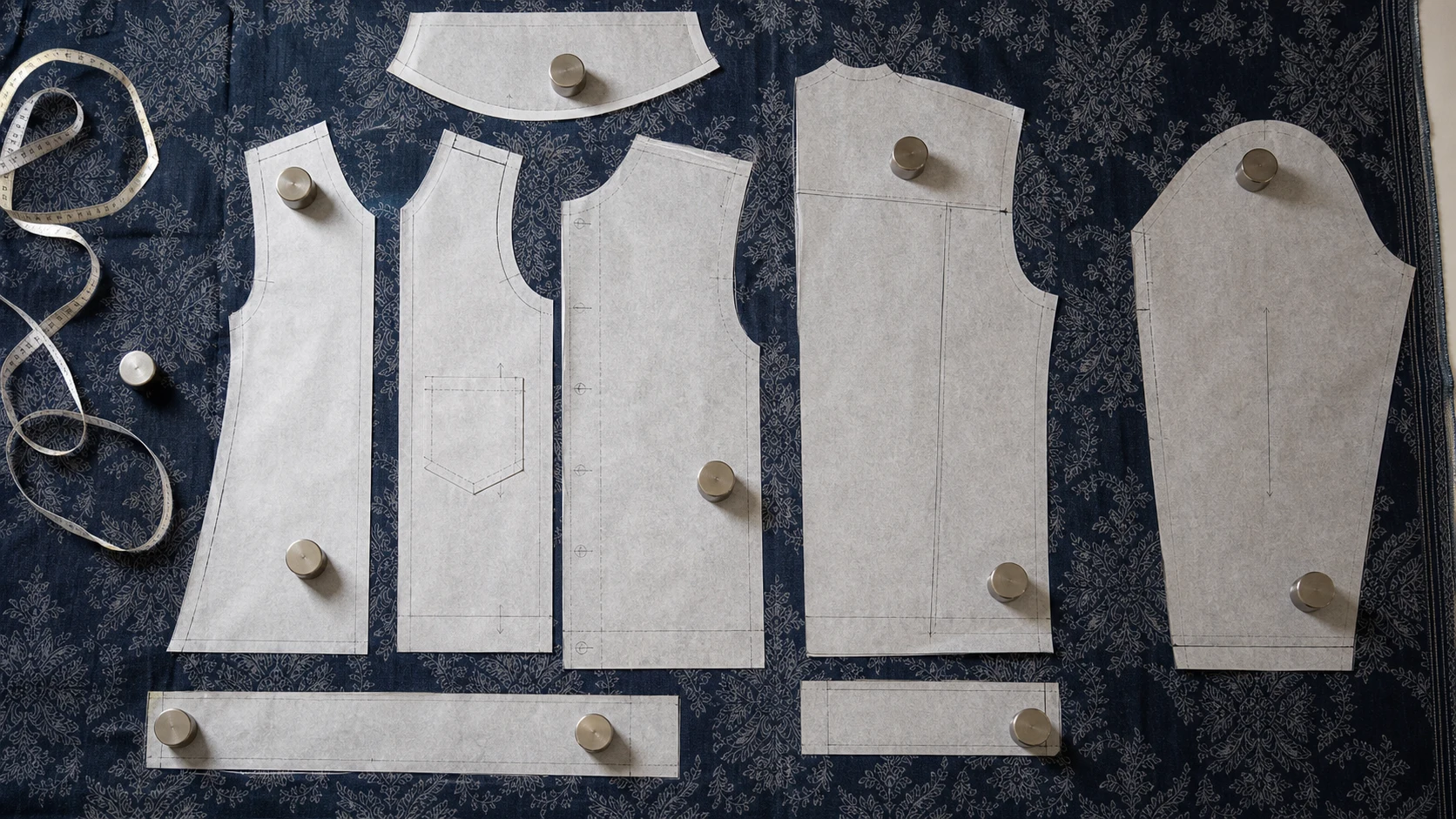 Jacquard motif placement across jacket front, back, sleeves and pockets