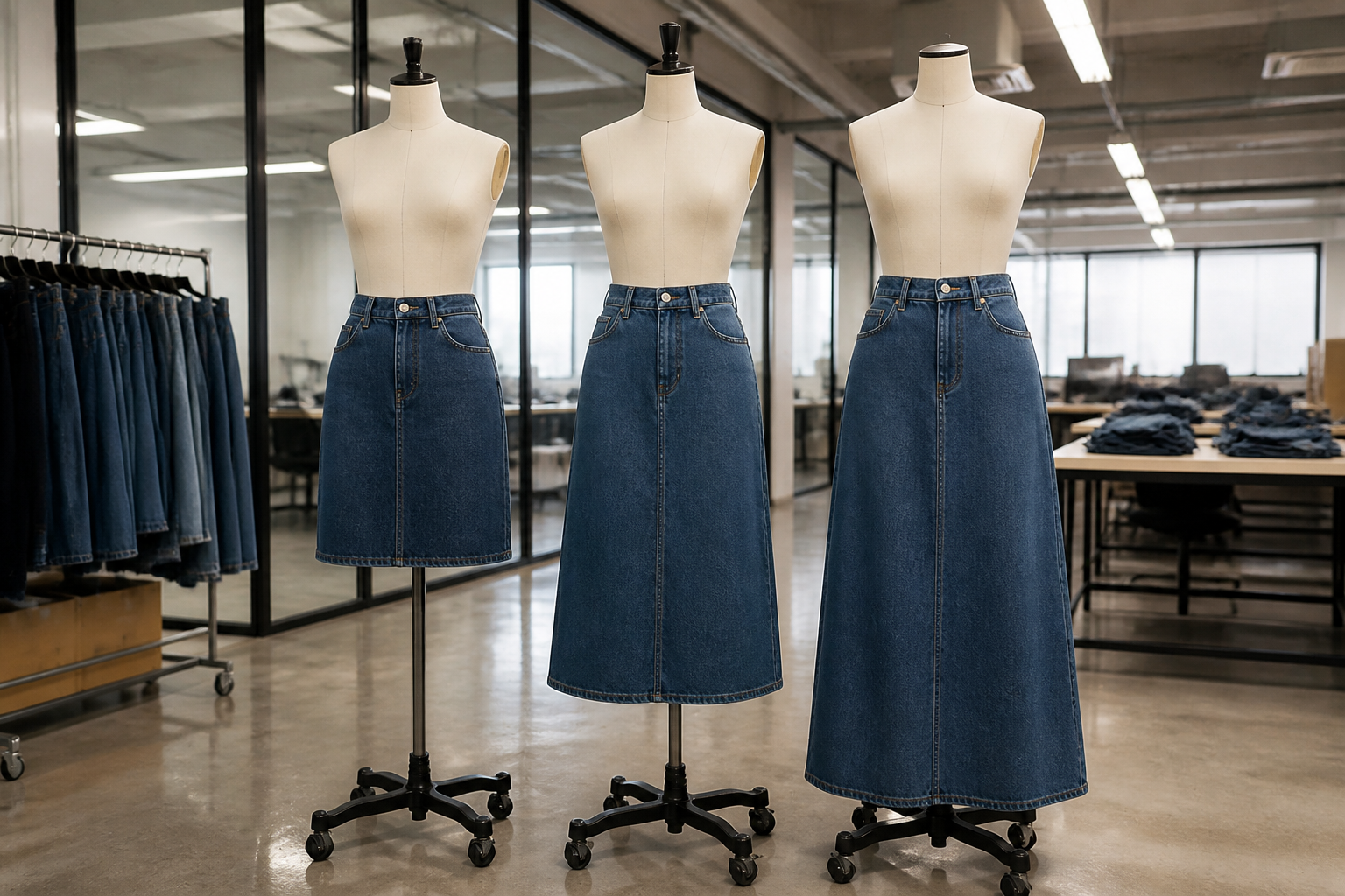 Custom denim skirt sample review scene for fit and approval decisions.