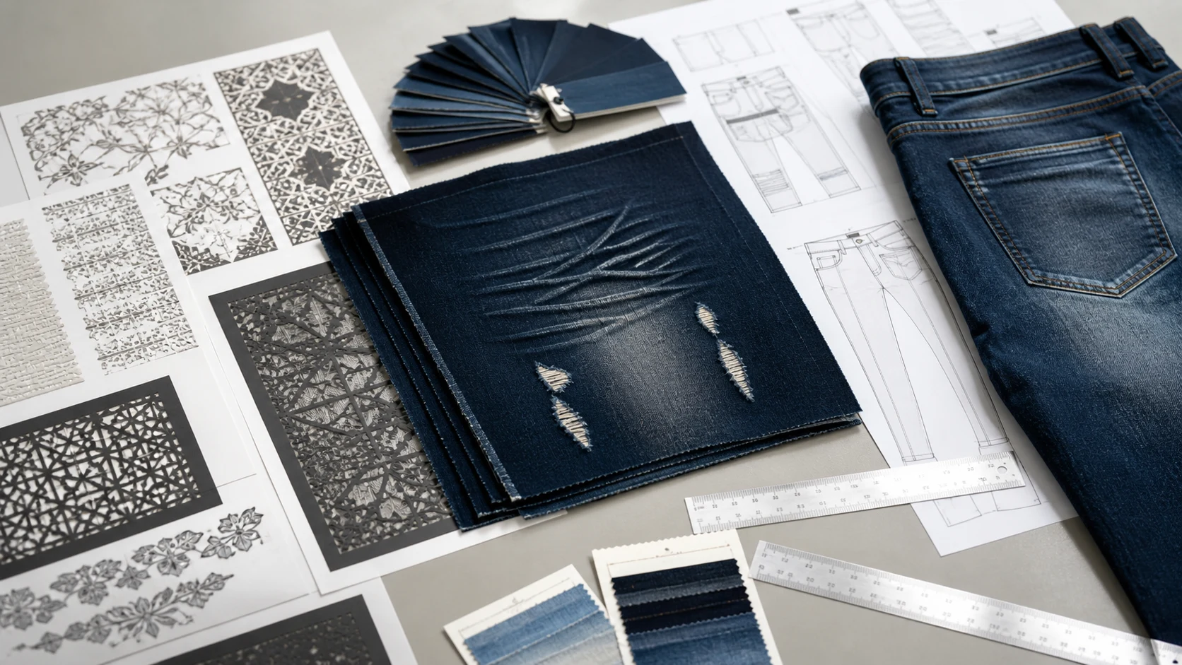 Custom laser wash jeans development brief with artwork, garment and wash references