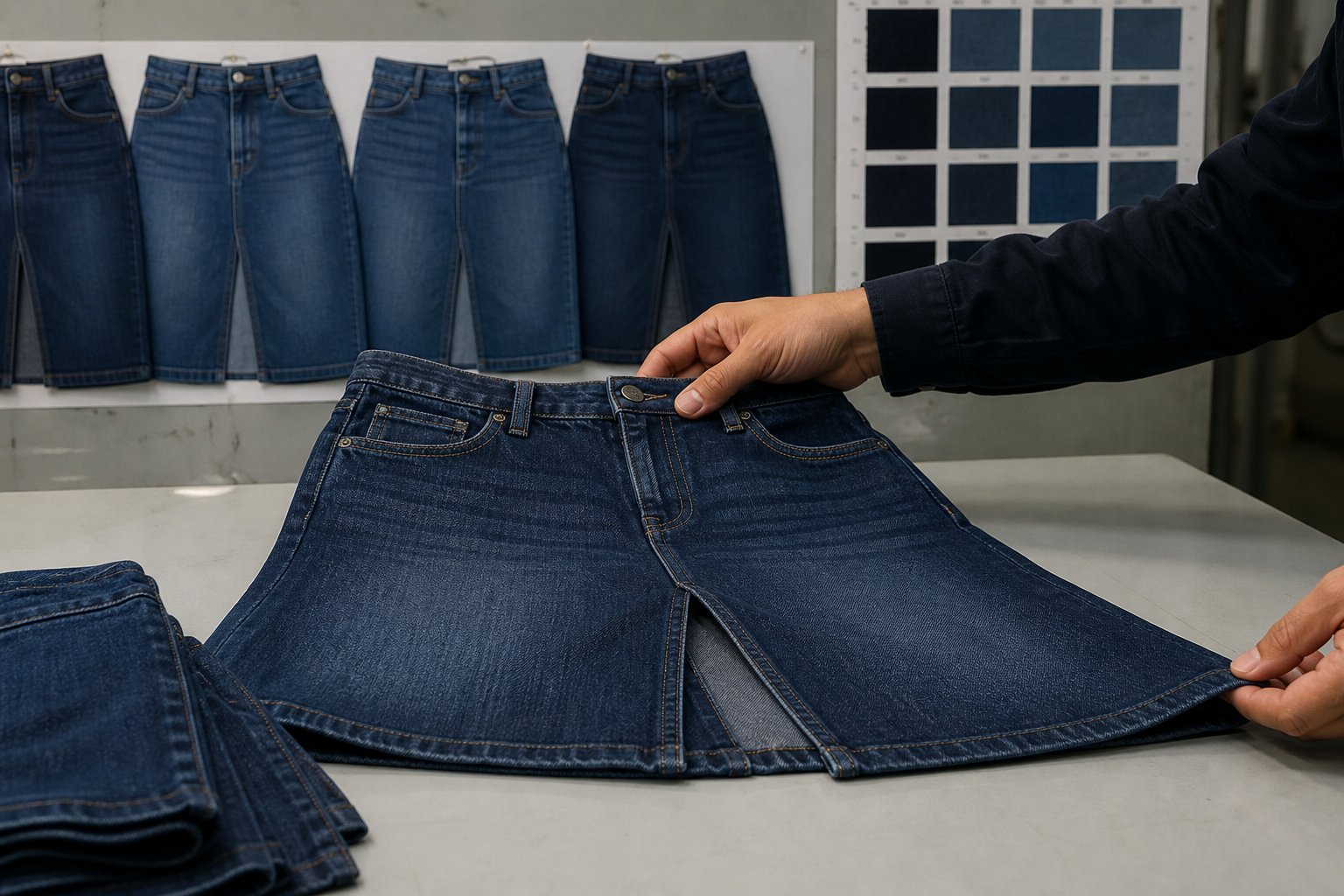 Custom denim skirt quality-control scene for reviewing the signed sample against bulk checkpoints.