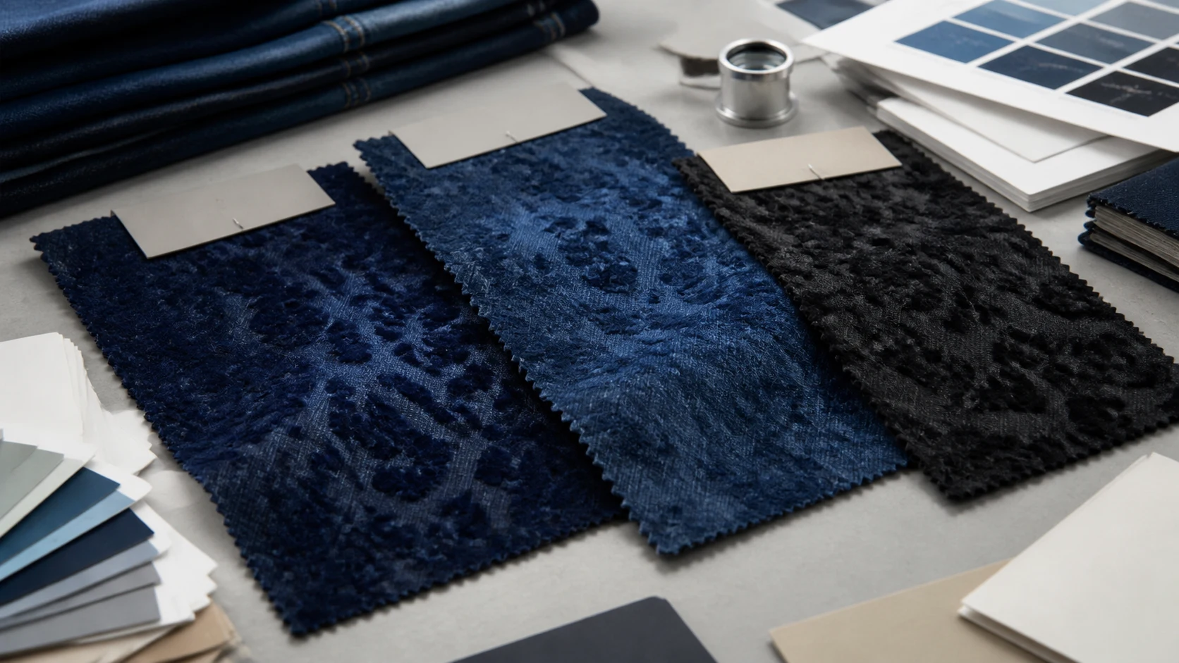 Custom flocked denim swatch comparison for pile, motif, color and base fabric
