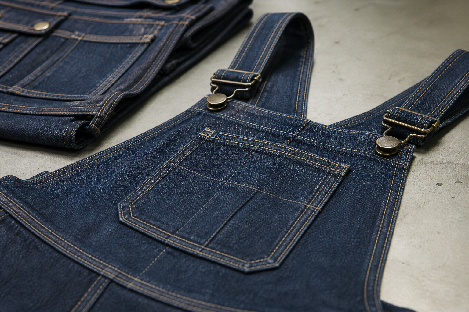 Detail konstruksi overall dan jumpsuit denim yang digunakan untuk mengidentifikasi risiko pengembangan spesifik produk.