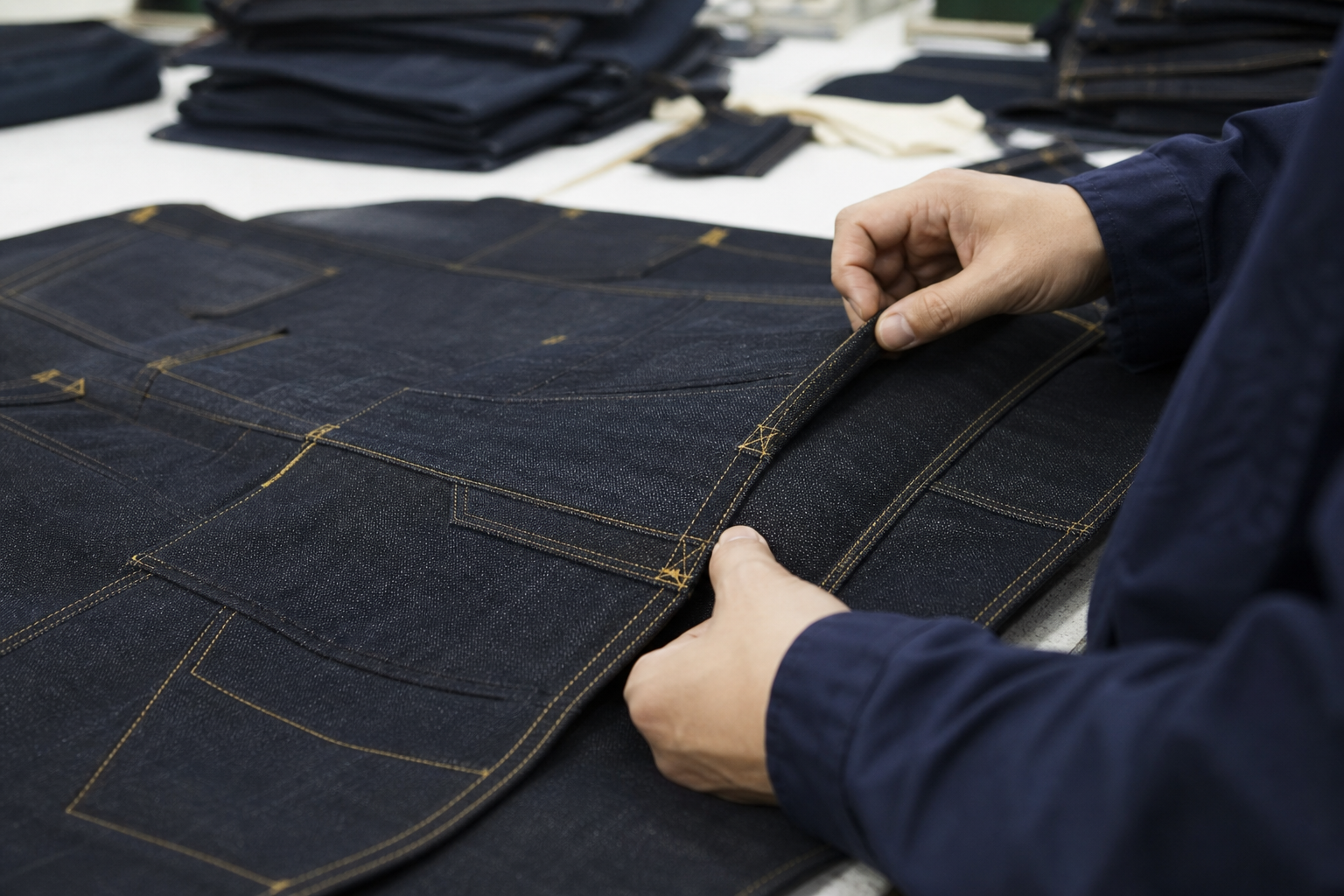 Denim workwear quality-control scene for reviewing the signed sample against bulk checkpoints.
