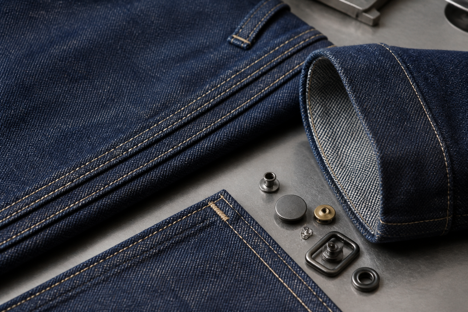 Denim workwear construction detail used to identify product-specific development risks.