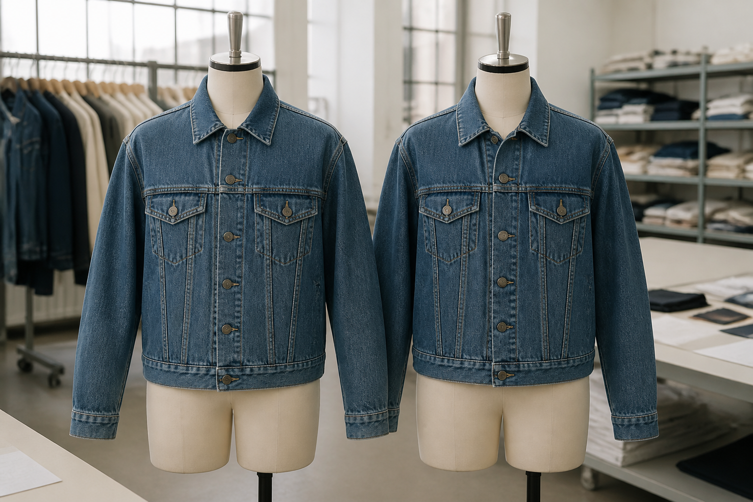 Denim jacket fit samples on dress forms